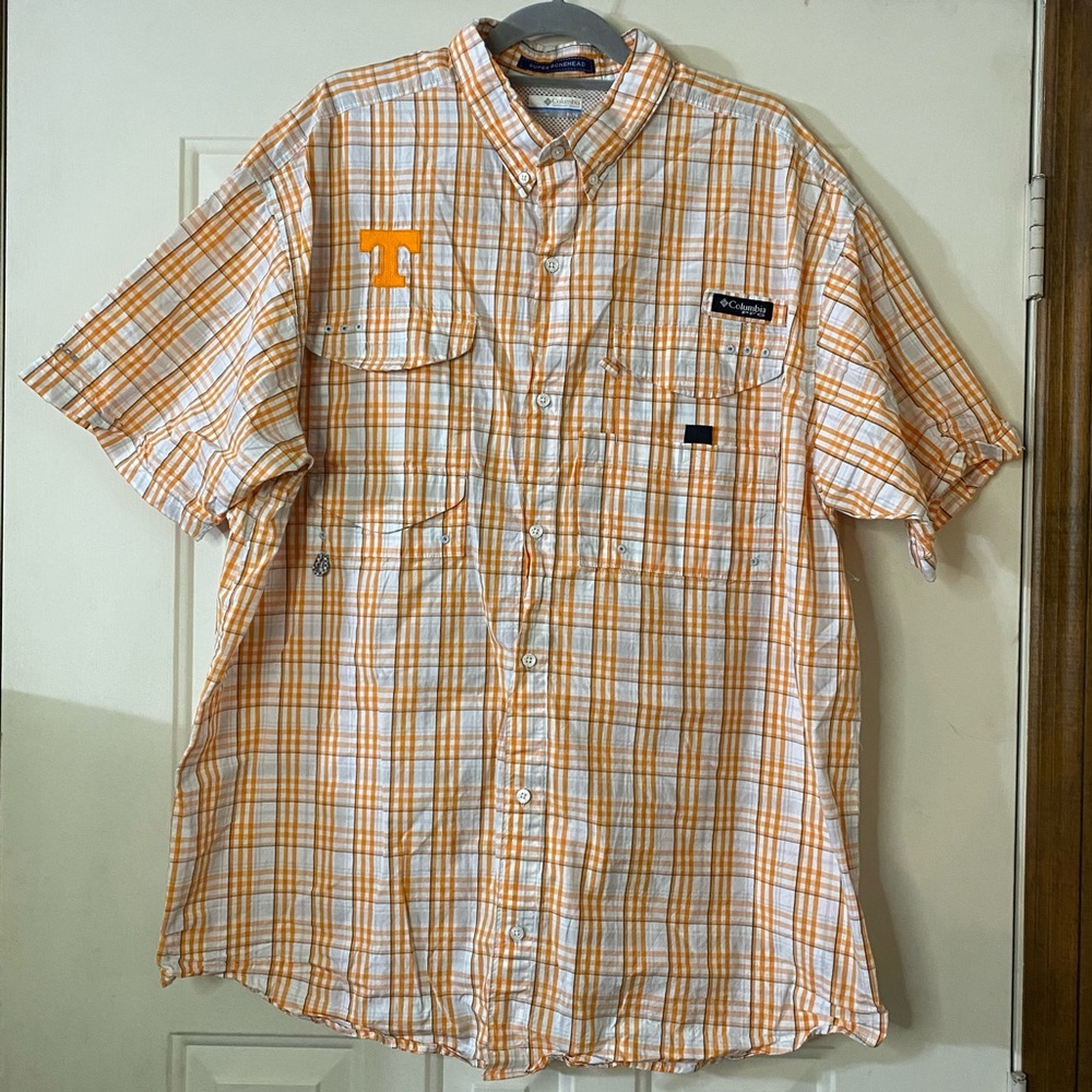 Columbia PFG Tennessee Volunteers Mens XL Plaid Polo Fishing Orange White - Picture 3 of 12